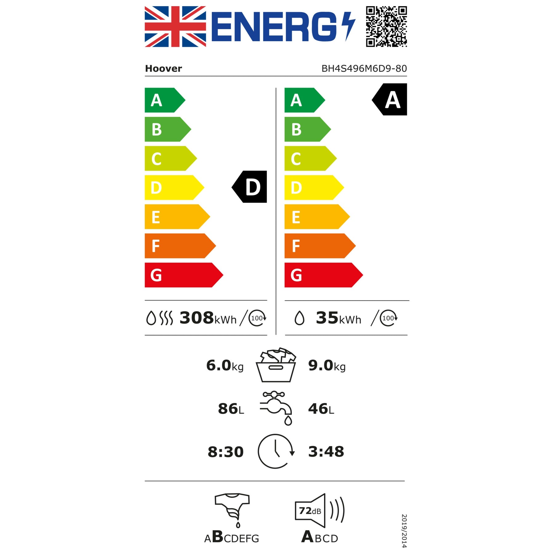 Hoover BH4S496M6D9-80 - White 9KG/6KG Integrated Washer Dryer - 1400 RPM - A/D Energy