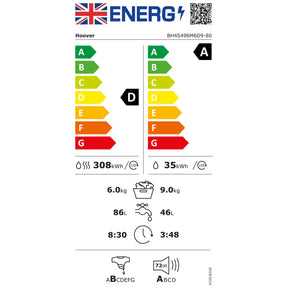 Hoover BH4S496M6D9-80 - White 9KG/6KG Integrated Washer Dryer - 1400 RPM - A/D Energy